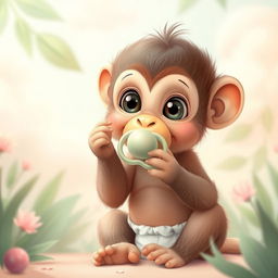 A cute baby monkey playfully using a pacifier and wearing a diaper, surrounded by soft and gentle pastel colors