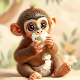 A cute baby monkey playfully using a pacifier and wearing a diaper, surrounded by soft and gentle pastel colors