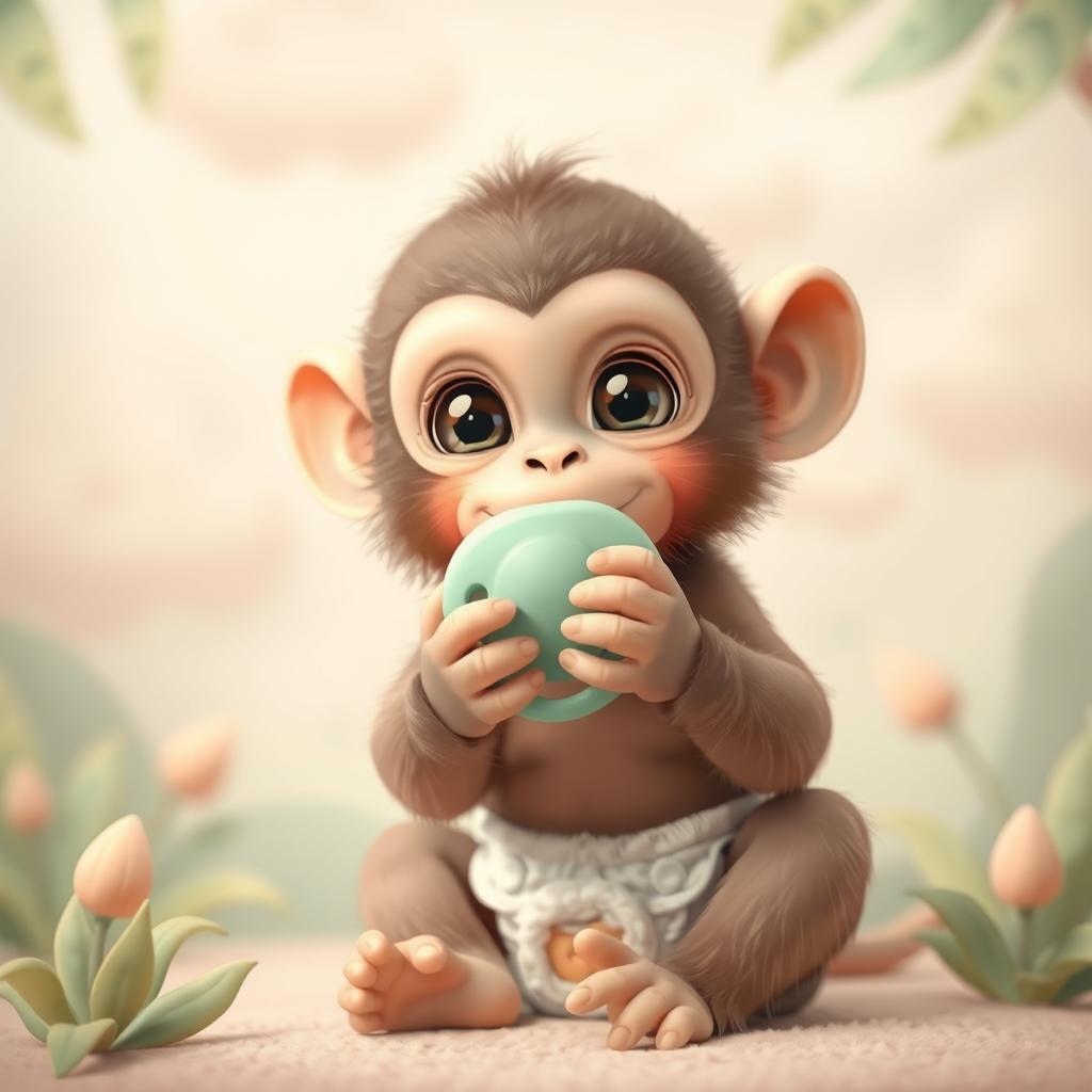 A cute baby monkey playfully using a pacifier and wearing a diaper, surrounded by soft and gentle pastel colors