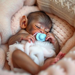 A baby monkey peacefully sleeping, gently cradled in a cozy environment