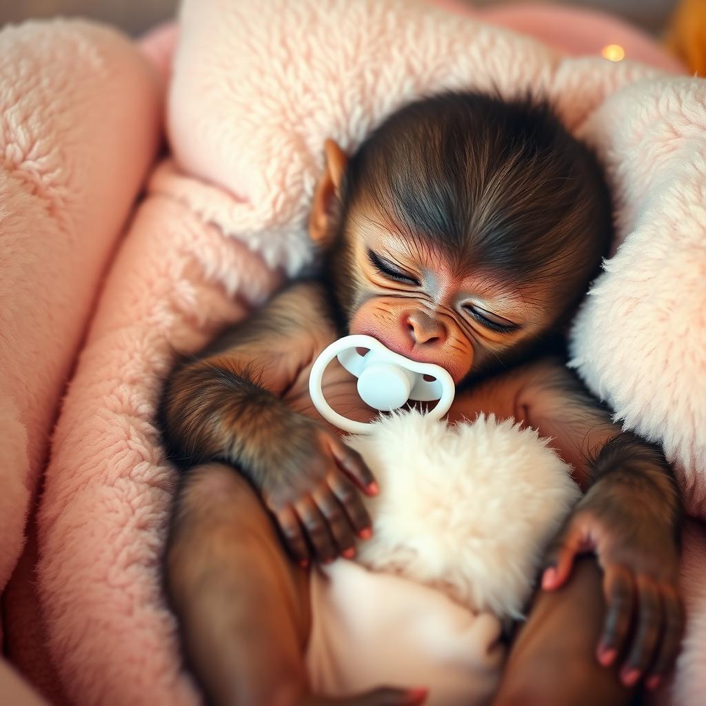 A baby monkey peacefully sleeping, gently cradled in a cozy environment