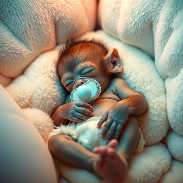 A baby monkey peacefully sleeping, gently cradled in a cozy environment