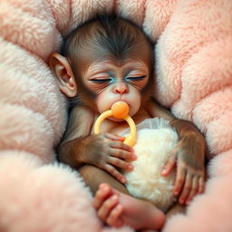 A baby monkey peacefully sleeping, gently cradled in a cozy environment