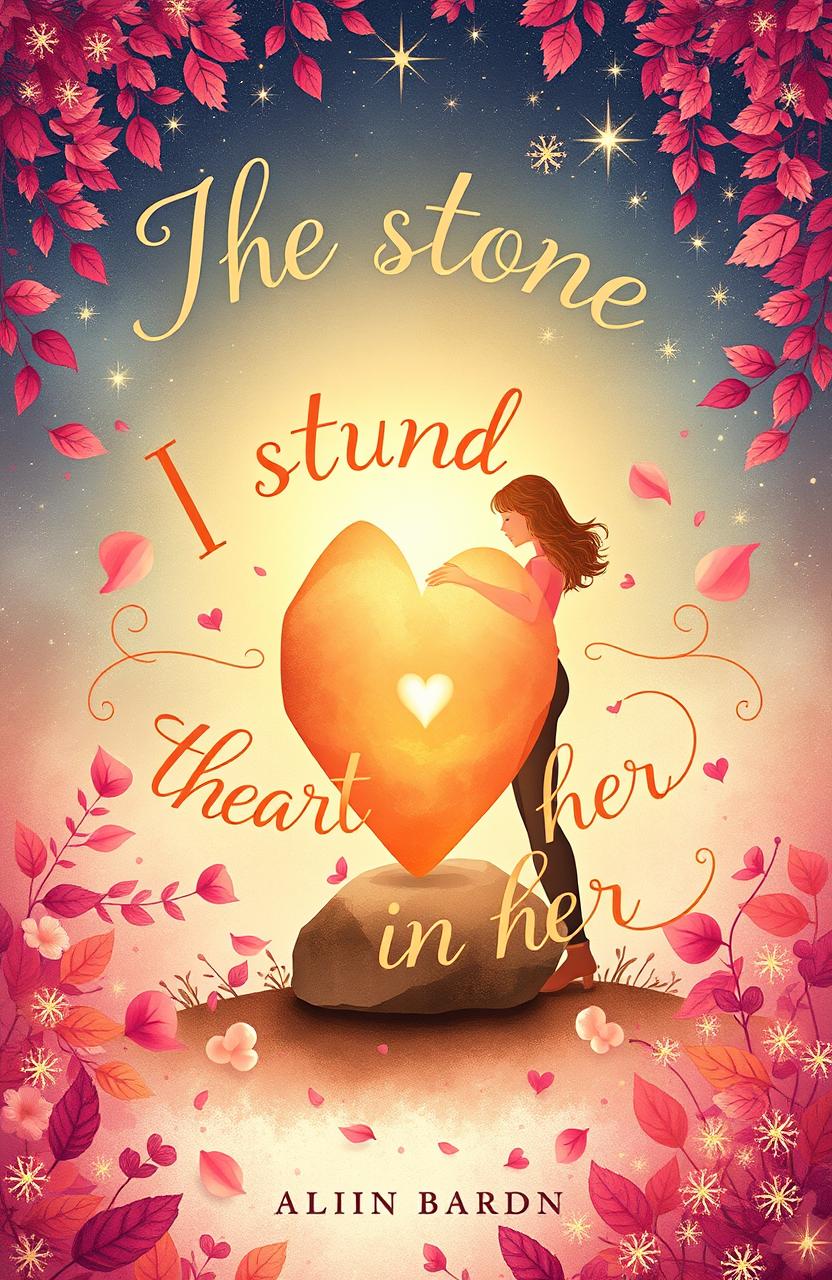 A romantic book cover illustrating the theme 'The stone that found a heart in her', featuring a whimsical and dreamy couple surrounded by nature