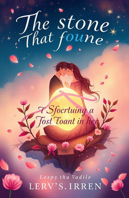 A romantic book cover illustrating the theme 'The stone that found a heart in her', featuring a whimsical and dreamy couple surrounded by nature