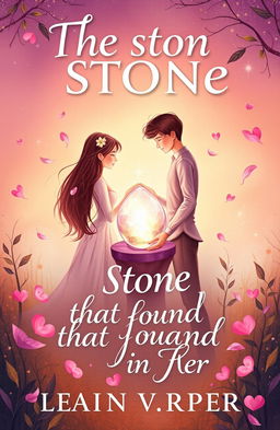 A romantic book cover illustrating the theme 'The stone that found a heart in her', featuring a whimsical and dreamy couple surrounded by nature