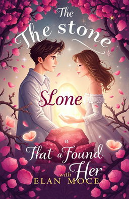 A romantic book cover illustrating the theme 'The stone that found a heart in her', featuring a whimsical and dreamy couple surrounded by nature