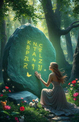 A mystical scene depicting a large, ancient stone with glowing runes embedded in it, set in a serene forest with dappled sunlight filtering through the leaves