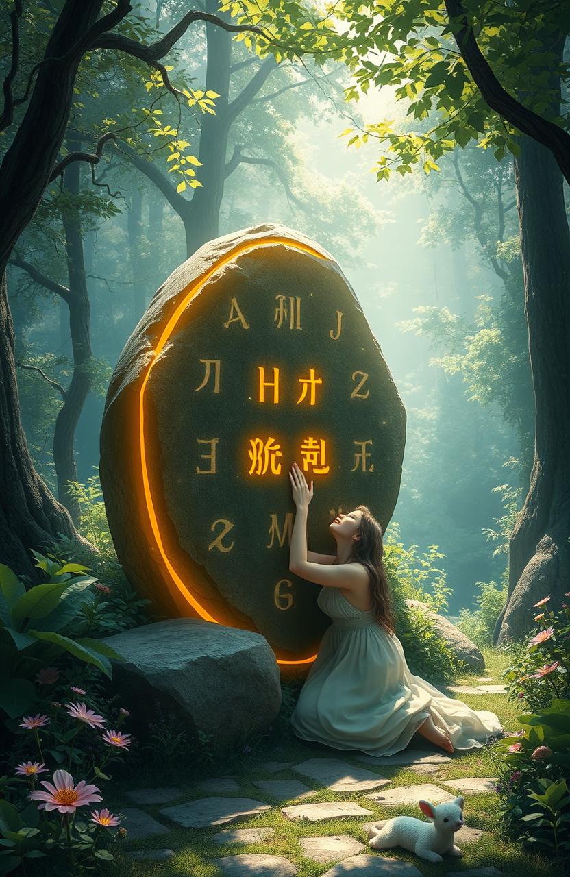 A mystical scene depicting a large, ancient stone with glowing runes embedded in it, set in a serene forest with dappled sunlight filtering through the leaves