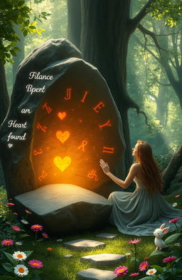 A mystical scene depicting a large, ancient stone with glowing runes embedded in it, set in a serene forest with dappled sunlight filtering through the leaves