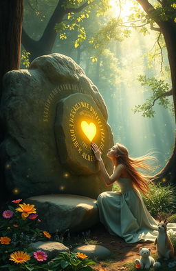 A mystical scene depicting a large, ancient stone with glowing runes embedded in it, set in a serene forest with dappled sunlight filtering through the leaves