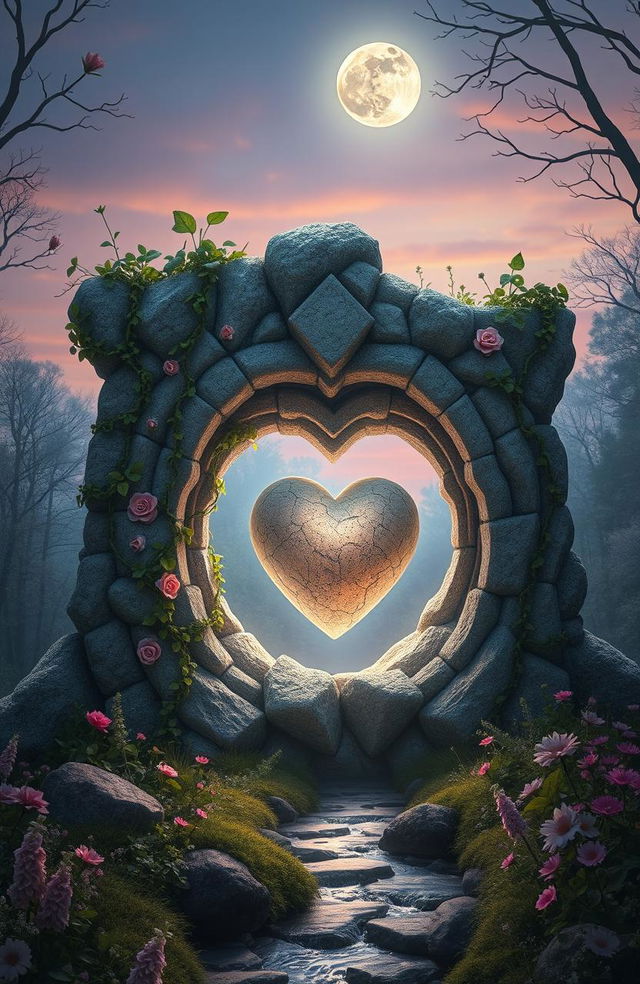 A surreal fantasy scene depicting a magical stone heart, glowing softly, nestled within a beautiful, intricate stone structure