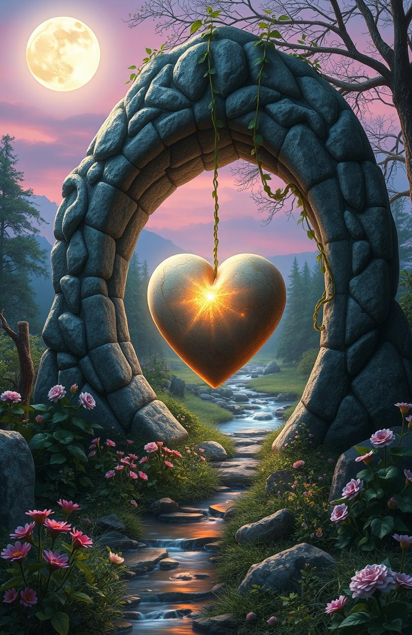 A surreal fantasy scene depicting a magical stone heart, glowing softly, nestled within a beautiful, intricate stone structure