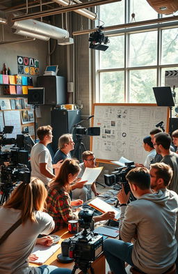 A visually stunning scene depicting a diverse group of filmmakers actively engaged in the filmmaking process within a lively film studio