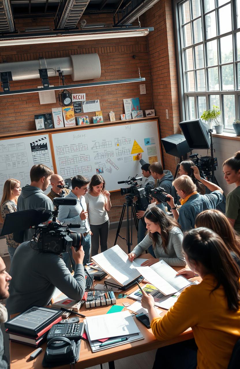 A visually stunning scene depicting a diverse group of filmmakers actively engaged in the filmmaking process within a lively film studio