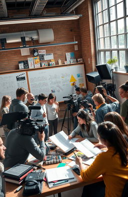 A visually stunning scene depicting a diverse group of filmmakers actively engaged in the filmmaking process within a lively film studio