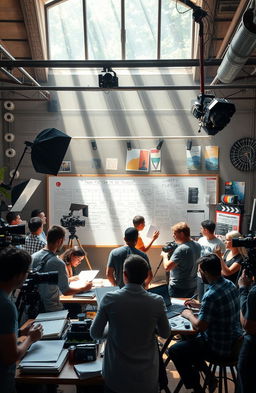 A visually stunning scene depicting a diverse group of filmmakers actively engaged in the filmmaking process within a lively film studio