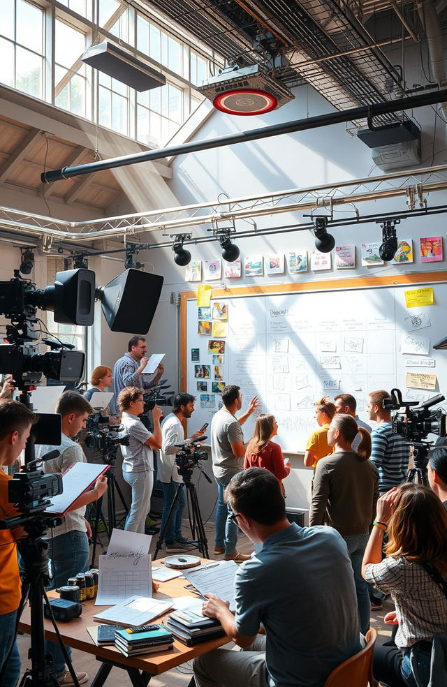 A visually stunning scene depicting a diverse group of filmmakers actively engaged in the filmmaking process within a lively film studio