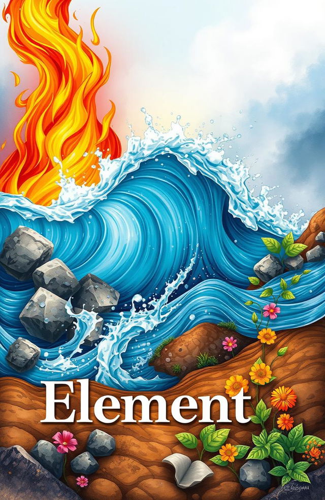 A stunning cover illustration depicting the three elements of nature: fire, water, and earth