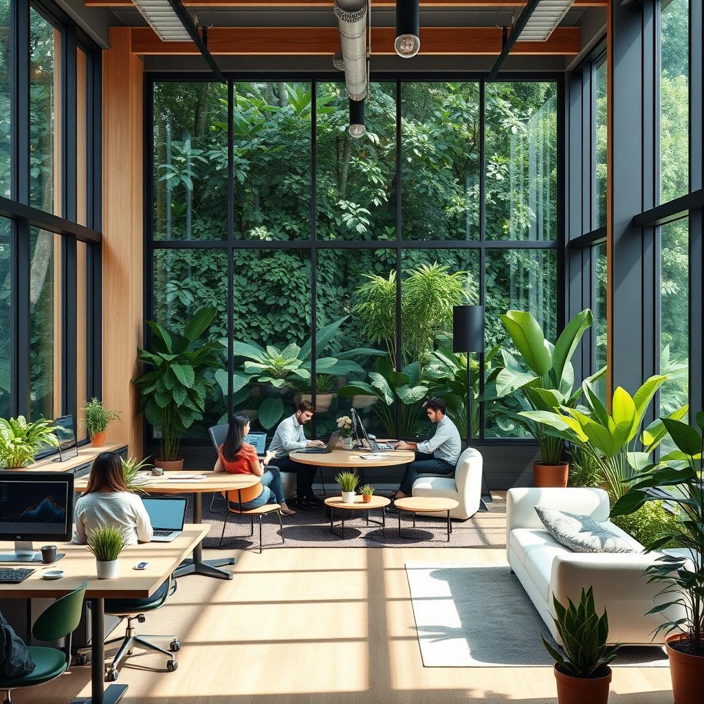 An inspiring workspace that beautifully integrates nature, illustrating the concept of work-life balance