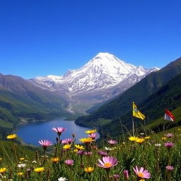 A breathtaking view of Mount Kailash, the sacred mountain in the Himalayas, surrounded by lush green valleys under a clear blue sky