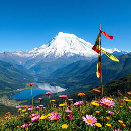 A breathtaking view of Mount Kailash, the sacred mountain in the Himalayas, surrounded by lush green valleys under a clear blue sky