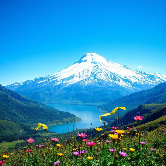 A breathtaking view of Mount Kailash, the sacred mountain in the Himalayas, surrounded by lush green valleys under a clear blue sky