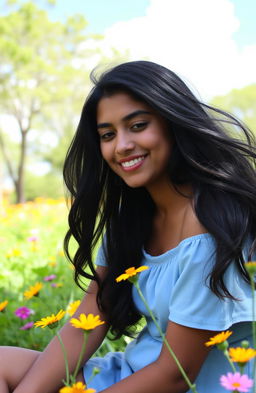 A serene portrait of a young woman named Parneet, with long flowing black hair and warm brown skin, smiling softly