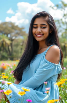 A serene portrait of a young woman named Parneet, with long flowing black hair and warm brown skin, smiling softly