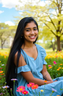 A serene portrait of a young woman named Parneet, with long flowing black hair and warm brown skin, smiling softly