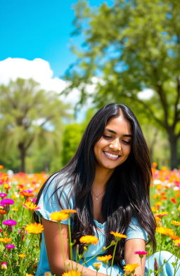 A serene portrait of a young woman named Parneet, with long flowing black hair and warm brown skin, smiling softly
