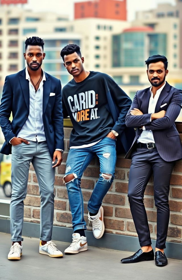 A stylish men's fashion scene featuring a group of three diverse male models