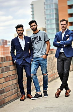 A stylish men's fashion scene featuring a group of three diverse male models
