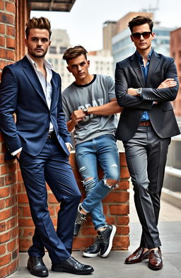 A stylish men's fashion scene featuring a group of three diverse male models