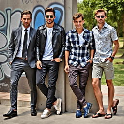 A vibrant men's fashion display featuring four diverse male models, each showcasing different styles