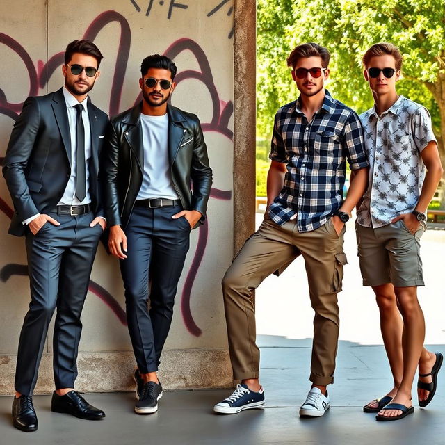 A vibrant men's fashion display featuring four diverse male models, each showcasing different styles