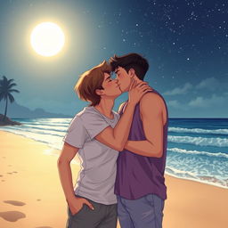 A romantic scene of two teenage boys sharing a tender kiss under the moonlight on a serene beach