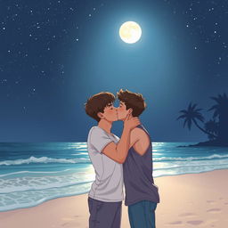 A romantic scene of two teenage boys sharing a tender kiss under the moonlight on a serene beach