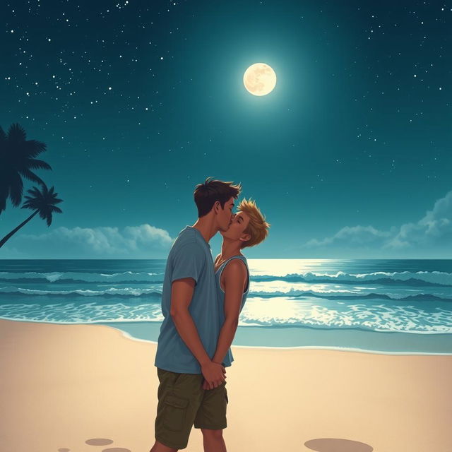 A romantic scene of two teenage boys sharing a tender kiss under the moonlight on a serene beach