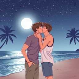 A romantic scene of two teenage boys sharing a tender kiss under the moonlight on a serene beach