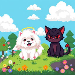 A pixel art scene featuring a devil cat with mischievous red eyes and small horns, sitting on a lively patch of grass