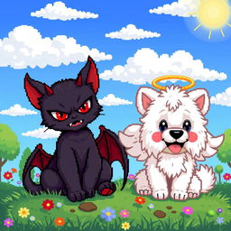 A pixel art scene featuring a devil cat with mischievous red eyes and small horns, sitting on a lively patch of grass