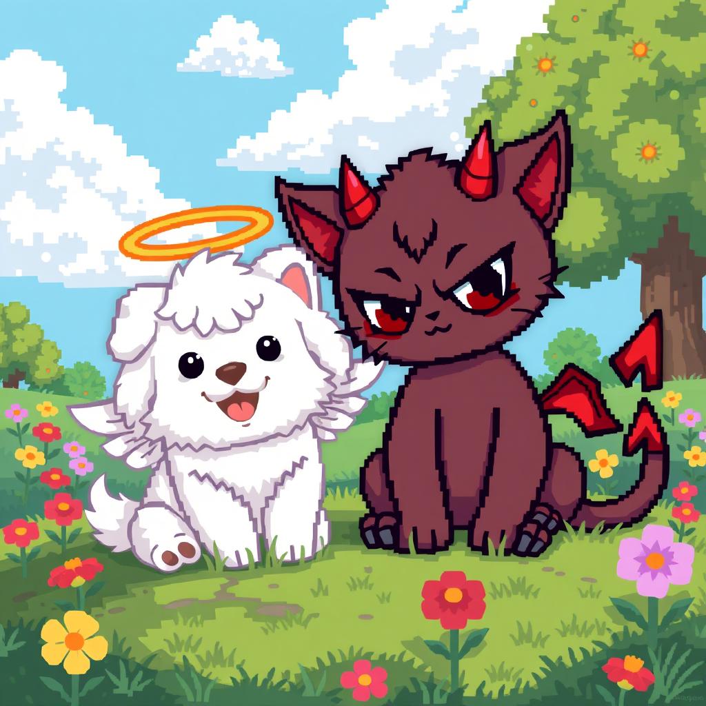 A pixel art scene featuring a devil cat with mischievous red eyes and small horns, sitting on a lively patch of grass