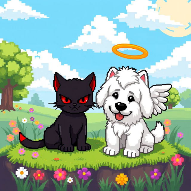 A pixel art scene featuring a devil cat with mischievous red eyes and small horns, sitting on a lively patch of grass