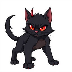 A devil cat with mischievous red eyes, small horns, and a playful smirk, standing confidently against a clean white background