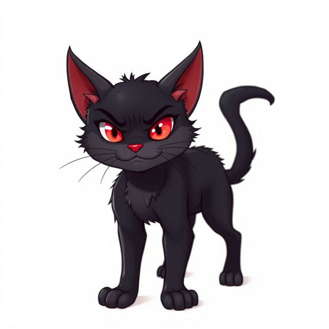 A devil cat with mischievous red eyes, small horns, and a playful smirk, standing confidently against a clean white background