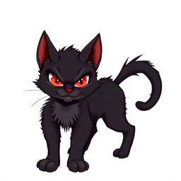 A devil cat with mischievous red eyes, small horns, and a playful smirk, standing confidently against a clean white background