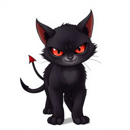 A devil cat with mischievous red eyes, small horns, and a playful smirk, standing confidently against a clean white background