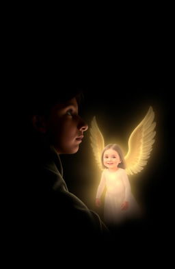 A boy sitting in a dark room, surrounded by shadows, with a solemn expression on his face