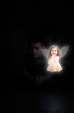 A boy sitting in a dark room, surrounded by shadows, with a solemn expression on his face